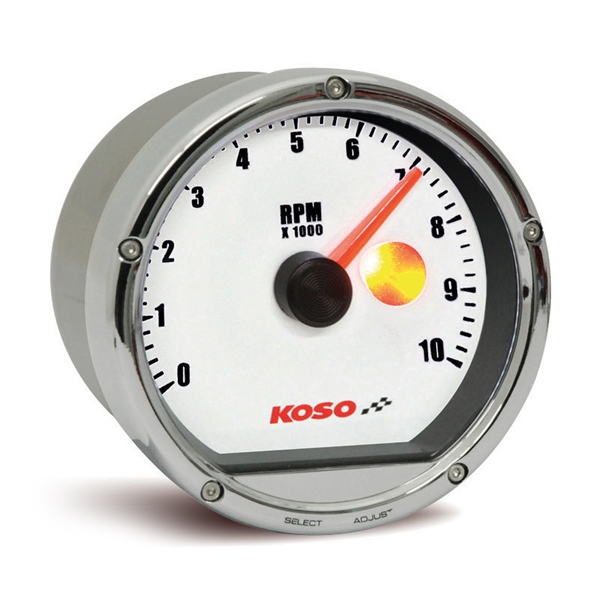 BA035120 KOSO-NORTH-AMERICA Koso TNT Tachometer 10,000 RPM Universal - 205174 TACHOMETER TNT 10KRPM SHIFT LIGHT WH/SI TNT Tachometer 10,000 RPM 