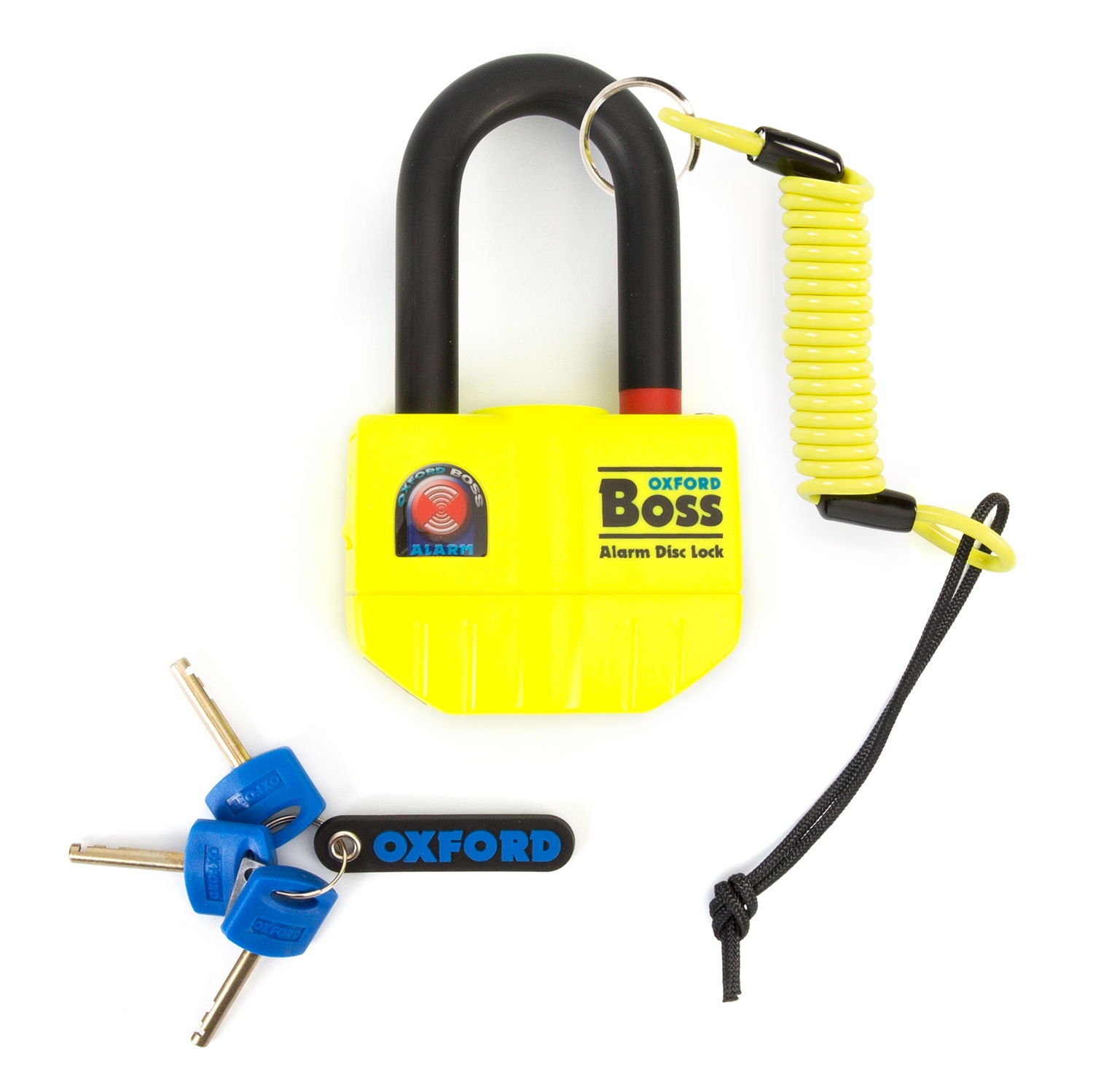 Oxford Boss Motorcycle Disc Lock – Thatcham Approved 14mm Pin, 100db Alarm, Yellow